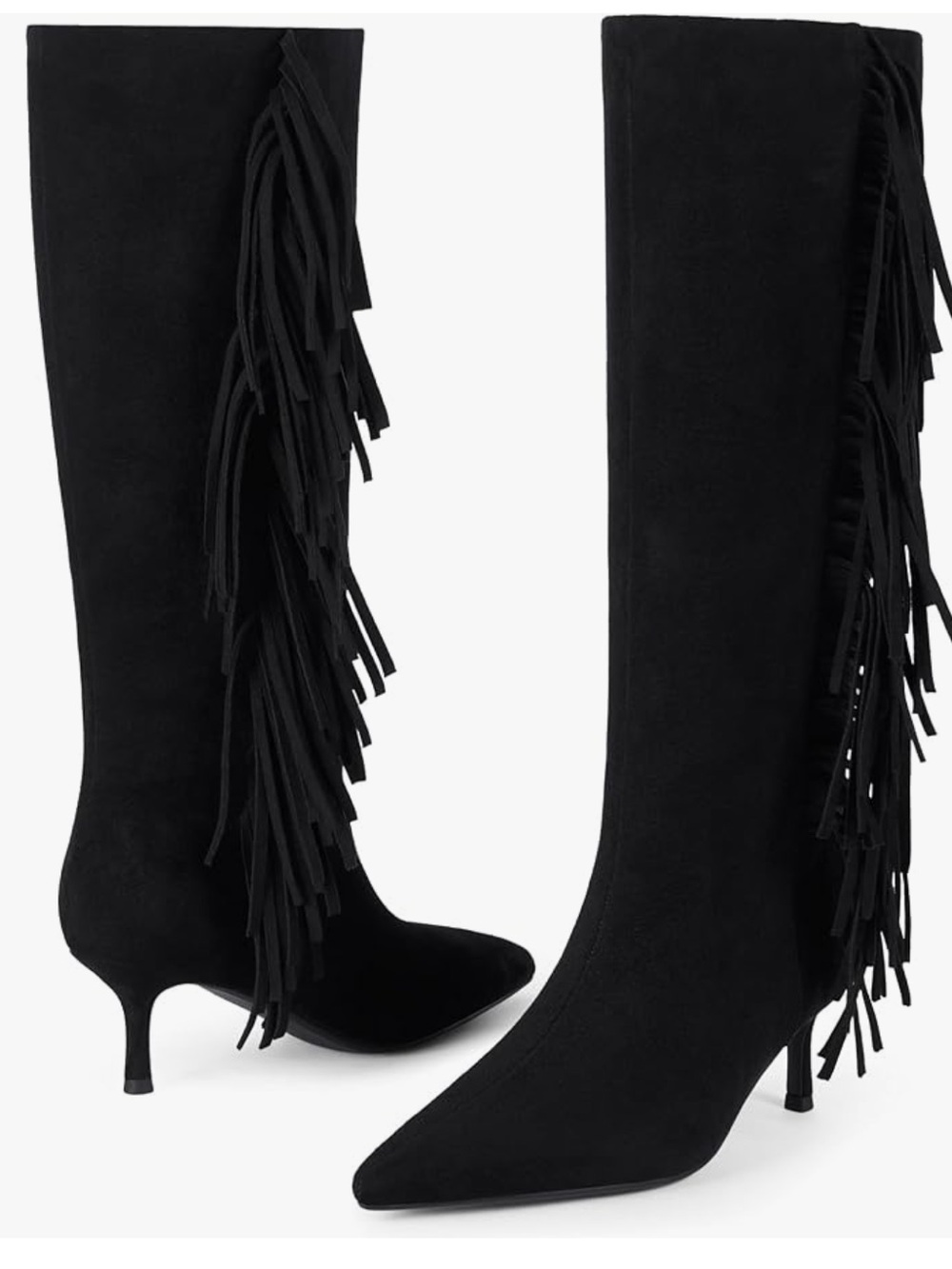 Fringe Suede Over-the-Knee Kitten Heel Boots - Black